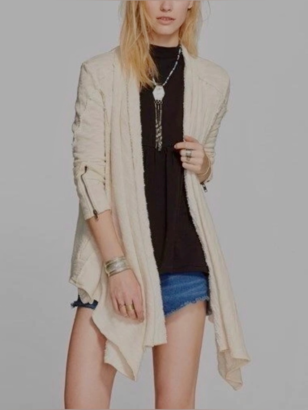 Free People In The Loop Open Front Cardigan Ivory Boho Drape Zip Cuff Lagenlook